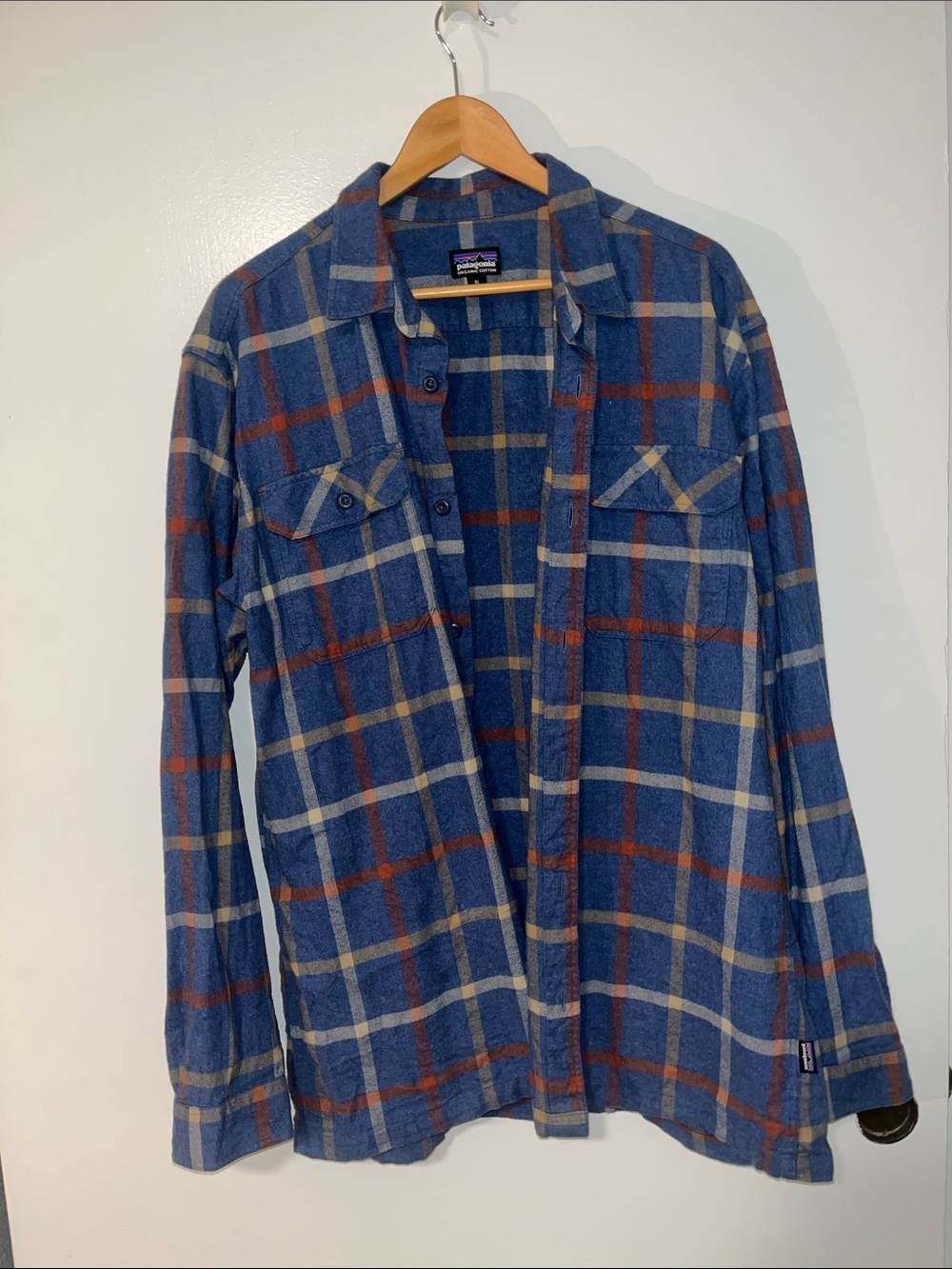 Patagonia Blue Plaid Lightweight Shirt Jacket with Rust Accents